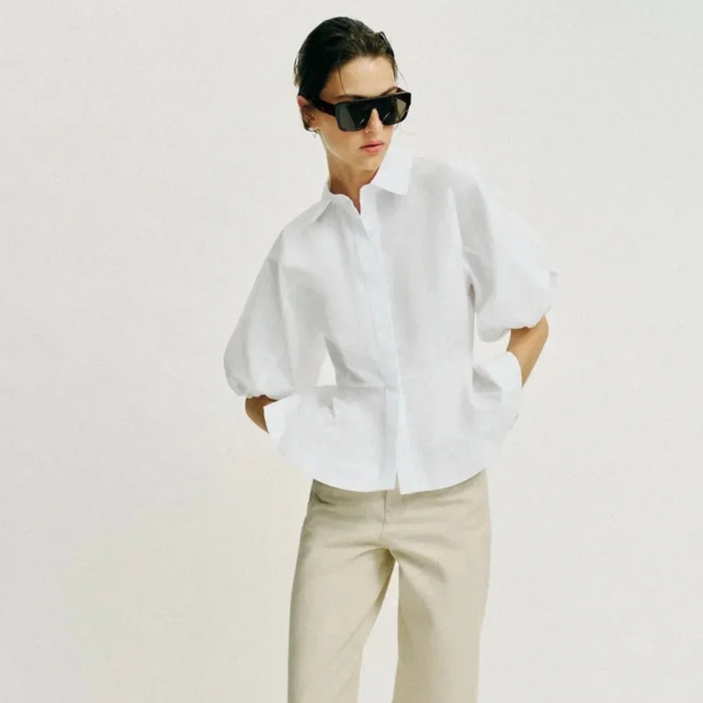 ZARA White Cotton Poplin Balloon Sleeve Top Flared Hem Hidden Button Shirt Large